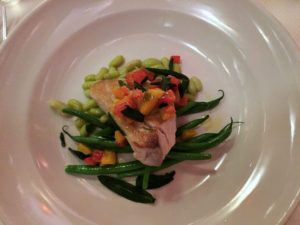 Pan-roasted albacore tuna with flageolet beans, sage, and red peppers al agrodolce.